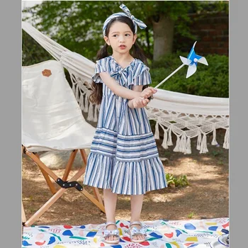 2023 Lete Nové Čistej Bavlny Prúžok Dievčatá Šaty pre Deti kórejský Štýl Deti Plážové Šaty