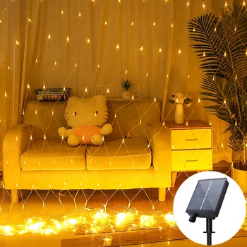 1.5x1.5m 8 Režimov LED Solárne String Čistý Oka Svetlo Vonkajšie Garland Lampa Vodotesný pre Vianočný Večierok, Terasa, Nádvoria Záhrady Dekor