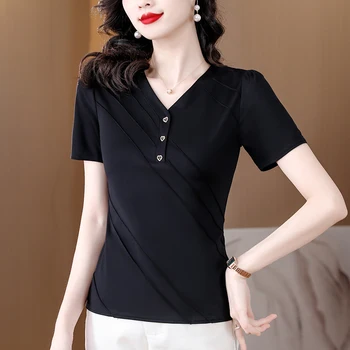 2023 Lete New Black Silk Pevné Krátke Rukáv Top dámske Pás V-Neck Tričko kórejský Edition Pokrýva Brucho Západnej T-shirt