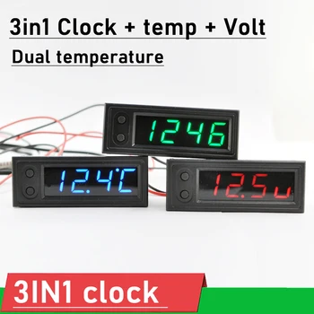 3in1 Elektronické Hodiny + voltmeter + Dual teploty LED displej Digitálne hodiny vnútorné Napätie vonkajšie TEMP senzor 12V 24V AUTO
