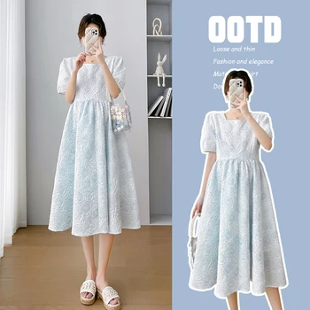 8837# 2023 Lete kórejský Módne Materskej Midi Šaty Elegantné Riadok Voľné Oblečenie pre Tehotné Ženy Elegantné Tehotenstva