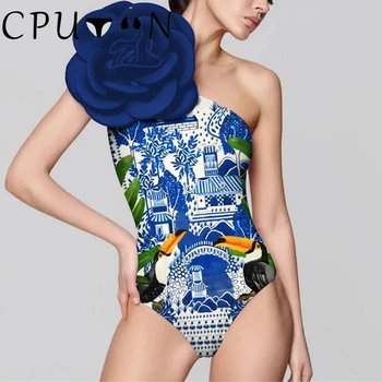 CPUTAN Nové Sexy 3D Blue Flower Rameno Ženy Plavky 2023 jednodielne Plavky Tlač Celých Plávanie Oblek Plaviek Bikiny