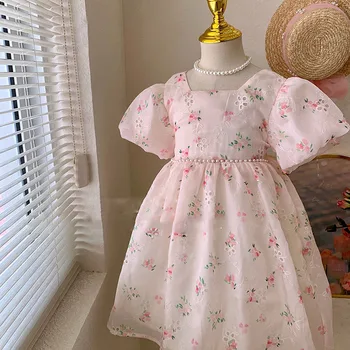 Dievčatá šaty 2023 lete nové 2-8 ročná dievčina sladké ružové kvetinových lúk princezná šaty