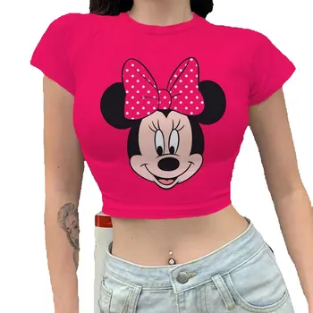 Disney Minnie Mickey Mouse Tlač Červená Plodín Topy O-krku Krátky Rukáv T-shirts oblečenie tričko retro Ženské oblečenie čaj