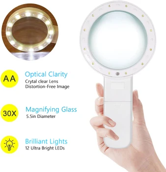 Dvojité Sklo Šošovky zväčšovacieho skla 30X s 12 LED Svetlá Prenosné Svetelné lupu pre Seniorov Čítanie Inšpekcie Šperky