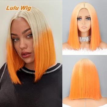 Farebné Parochne Krátky Rovný Bob pre Ženy Ombre Zázvor Syntetické Parochňa Blond Orange Strednej Časti Náhradné Vlasy Parochňa na Dennú