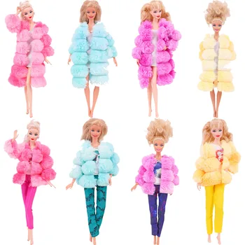 Multi Color Dlho Puzdre Mäkké Plyšové Kabát+Šaty Nastaviť, Krátke Plyšové Kabát+Nohavice Nastaviť, Zimné 11.8 Palcový 30 cm Barbiees Doll Oblečenie