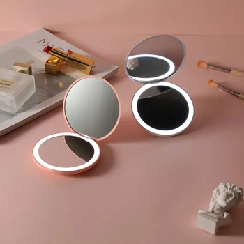 Personalizované Malé LED Svetelné Kozmetické 2 Bočné Sklopné make-up Kompaktné Vreckové Zrkadlo Ženy Svetelný Efekt, Ružové a Biele Mini Zrkadlo