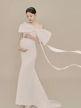 Premama Elegantné Svadobné, Večerné Party Šaty Pre Tehotné Ženy Pevné Biele Dlhé Šaty Veľký Luk Materskej Fotenie Baby Sprcha