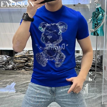 Pánske T-shirt Lete Kvalitné okolo Krku s Hot Diamond Medveď Tlač Trend Módy Mercerized Bavlna Krátke Sleeve Tee 5XL