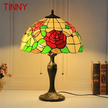 Pásov plechový Tiffany Sklenený Stôl Lampa LED Vintage Módy Jednoduché Rose Stôl Light Decor Pre Domáce Obývacia Izba, Spálňa, Nočné