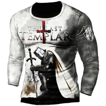 Retro Rytieri Templar 3D Tlač Lete Mužov O-Neck T-shirt Bežné Dlhý Rukáv Nadrozmerné Tričko Fashion Pulóver Mužov Oblečenie