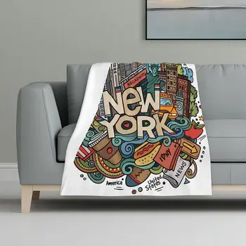 Roztomilý Doodle Ručne Ťahané New York Super Mäkkú Deku 48 x 32 Cm Farebné Americký Tému Gauč Cestovanie, Camping pre