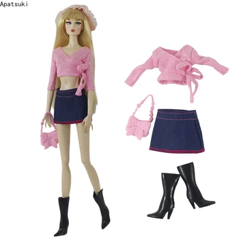 Ružová Módne Street Oblečenie Set pre Bábiku Barbie Oblečenie Jedinečné Orezať Začiatok Sukne, Topánky, Taška Pre Barbie 1/6 Bábiky, Príslušenstvo Hračky