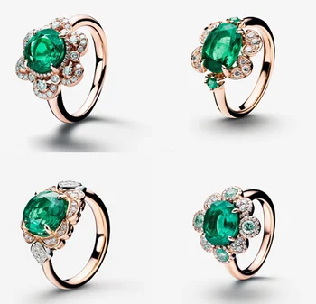 S925 Mincový Striebro Ohromujúci Emerald & Simulované Diamantový Prsteň s Prírodou Inšpirovaný Tvary a Odtiene Snového