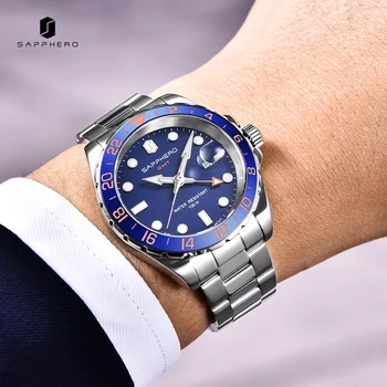 SAPPHERO Klasické Muži Hodinky Luxusné GMT Swiss Pohyb Nehrdzavejúcej Ocele Vodeodolné 10ATM Dátum Náramkové hodinky Business Pozerať sa na Človeka