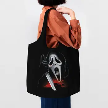 Scream Ghost Vrah Plátno Nákupné Tašky Ženy Recyklácie Veľké Kapacity S Potravinami Halloween Horror Movie Shopper Tote Tašky Kabelky
