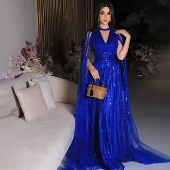 Serene Hill arabčina modrej čiary Cape Rukávy V Krku Korálkové Večerné Šaty Luxusné Šaty 2023 Pre Ženy, Svadobné Party LA72171