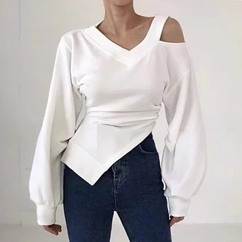 SuperAen kórejský Elegantné Jeseň Nika tvaru Nepravidelného Off-the-ramenný Dizajn Strane Záhybov Fashion Top Ženy Tshirts