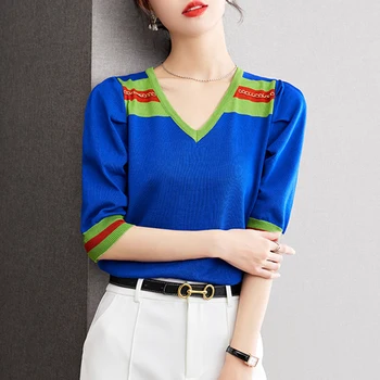 V lete roku 2023 Pletené T-shirt Farebný Blok tvaru Lístkového Rukáv Top Pre Ženy Tee Knitwear Tvárny Bežné 36920