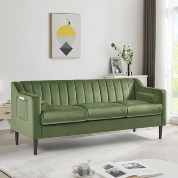 V polovici Storočia, Moderné Chesterfield pohovka, gauč, Pohodlné Čalúnené sedacie Zamatové Textílie a Drevené zárubne a Drevené Nohy,Zelená