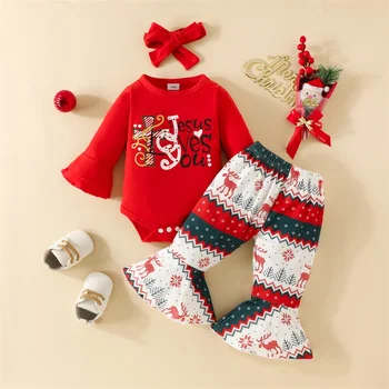 Vianočné 0-2Y Dieťa Dieťa Dievča Romper Oblečenie s Dlhým Rukávom Jumpsuit + Elk Tlač Obličkového Nohavice + Luk hlavový most