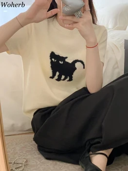 Y2k Žakárové Cartoon Kawaii Cat Graphic Ženy T-shirt Lete Príležitostné celý Zápas Sladké Tshirts Japonskej Módy Elegantné Pletené Tees